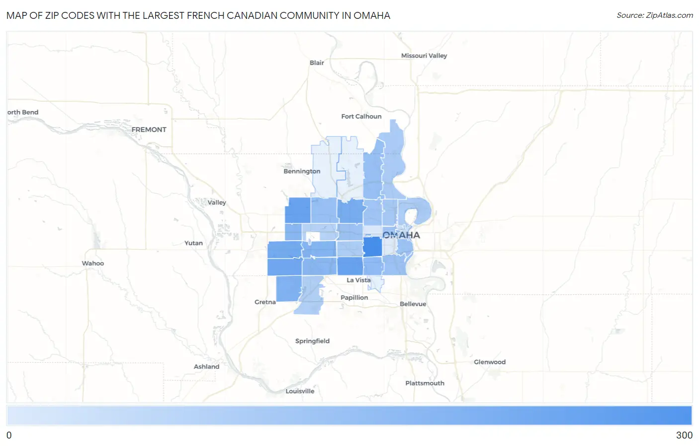 Zip Codes with the Largest French Canadian Community in Omaha Map