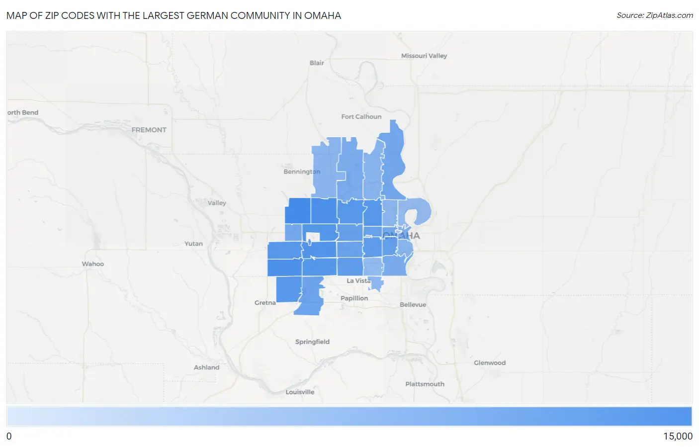 Zip Codes with the Largest German Community in Omaha Map