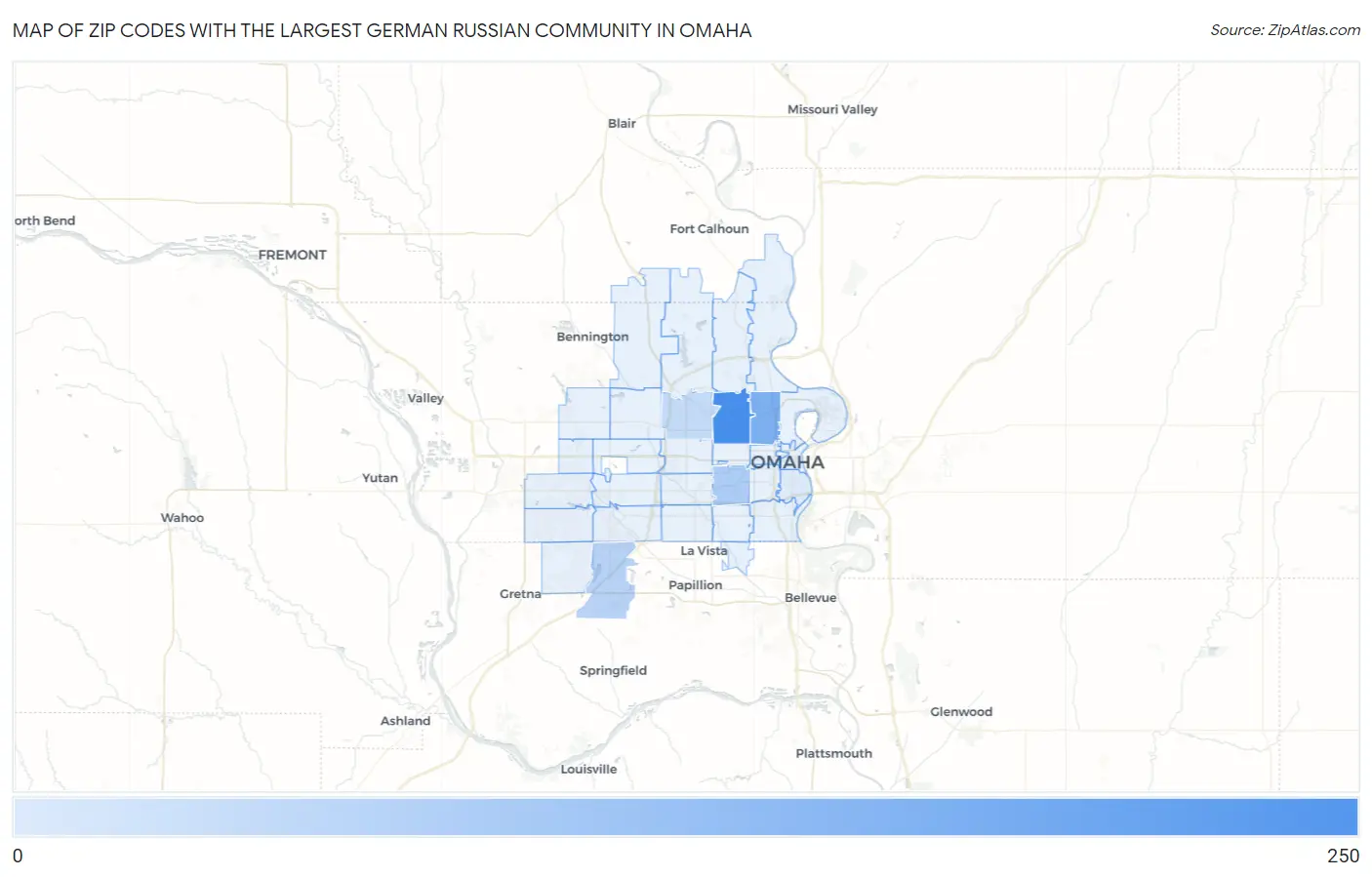 Zip Codes with the Largest German Russian Community in Omaha Map