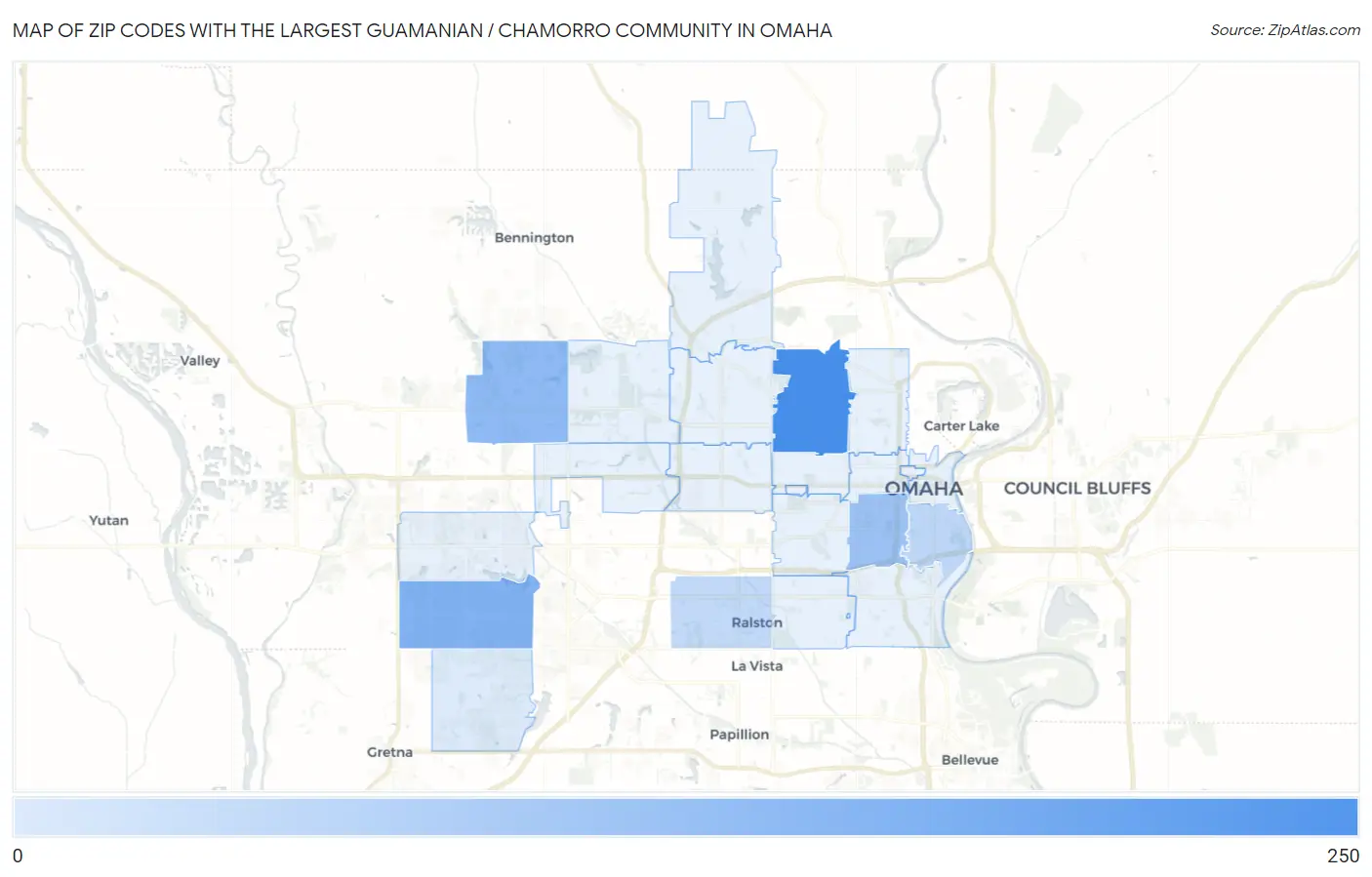 Zip Codes with the Largest Guamanian / Chamorro Community in Omaha Map