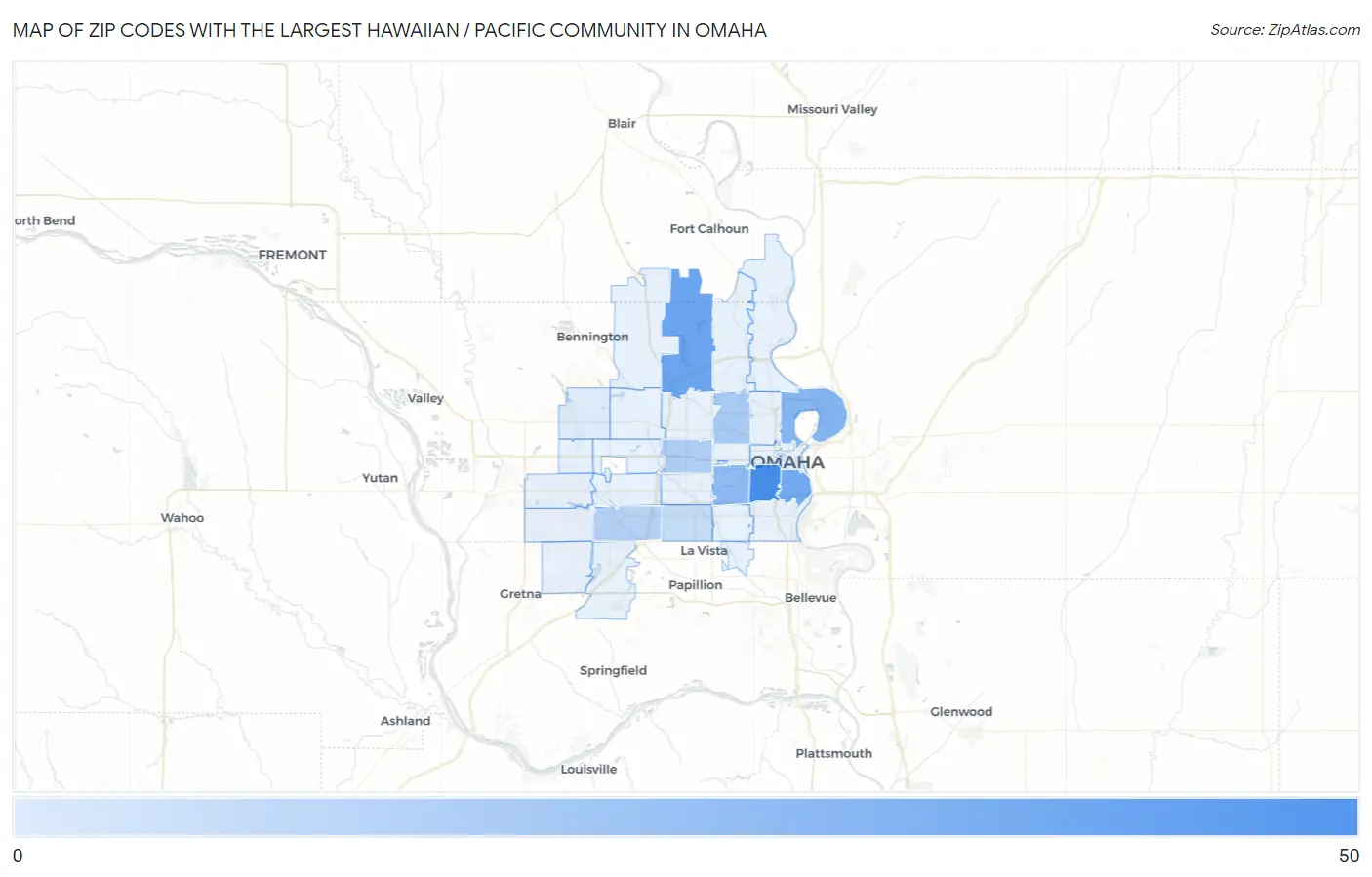 Zip Codes with the Largest Hawaiian / Pacific Community in Omaha Map