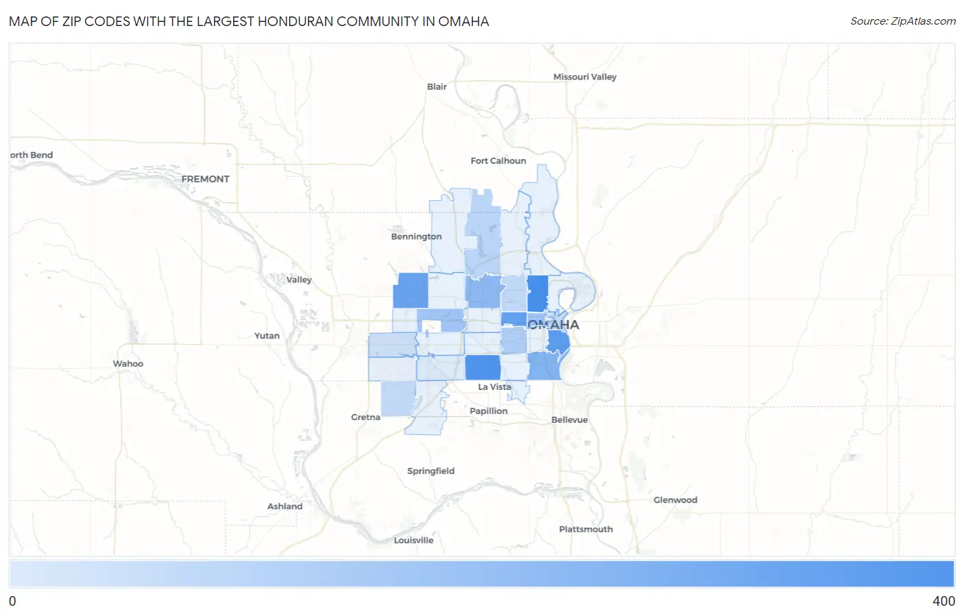 Zip Codes with the Largest Honduran Community in Omaha Map