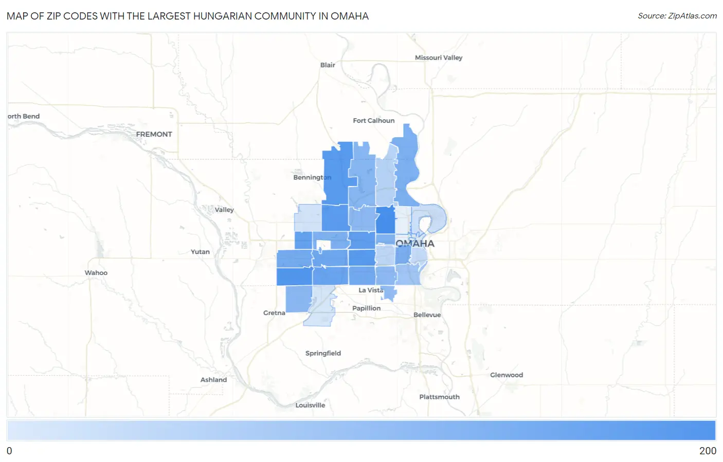 Zip Codes with the Largest Hungarian Community in Omaha Map