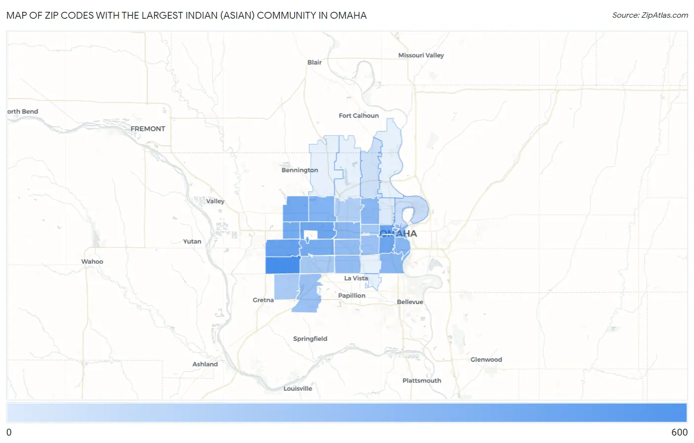Zip Codes with the Largest Indian (Asian) Community in Omaha Map