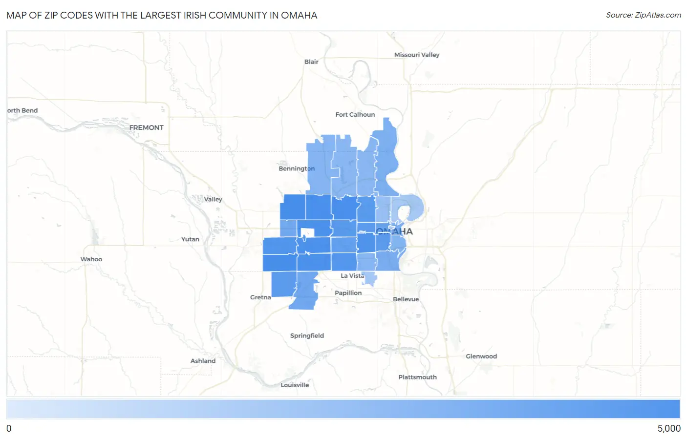 Zip Codes with the Largest Irish Community in Omaha Map