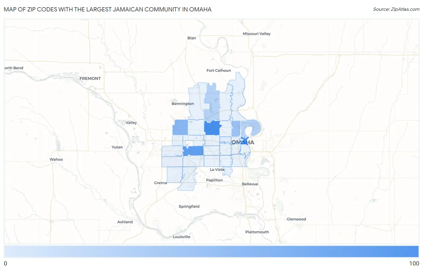 Zip Codes with the Largest Jamaican Community in Omaha Map
