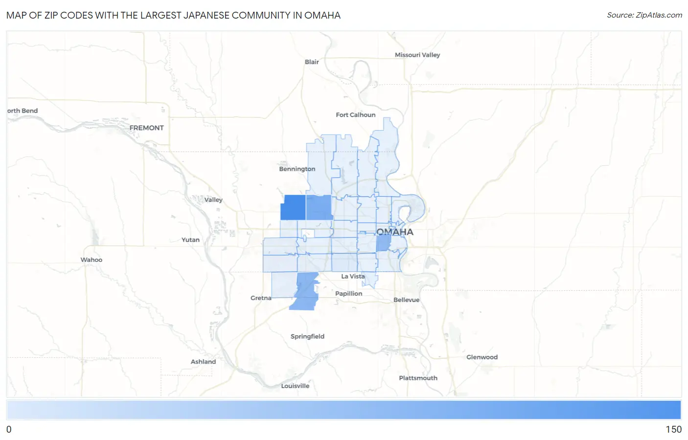 Zip Codes with the Largest Japanese Community in Omaha Map