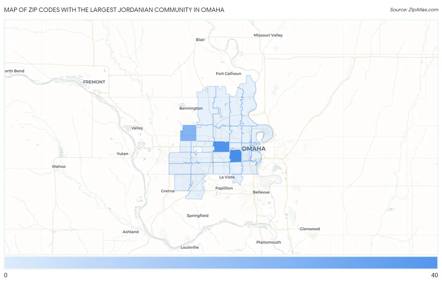 Zip Codes with the Largest Jordanian Community in Omaha Map