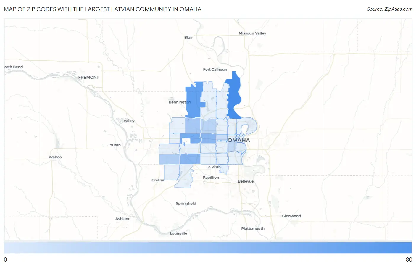Zip Codes with the Largest Latvian Community in Omaha Map