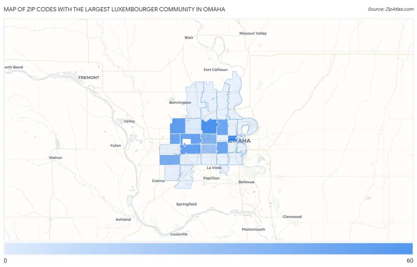 Zip Codes with the Largest Luxembourger Community in Omaha Map