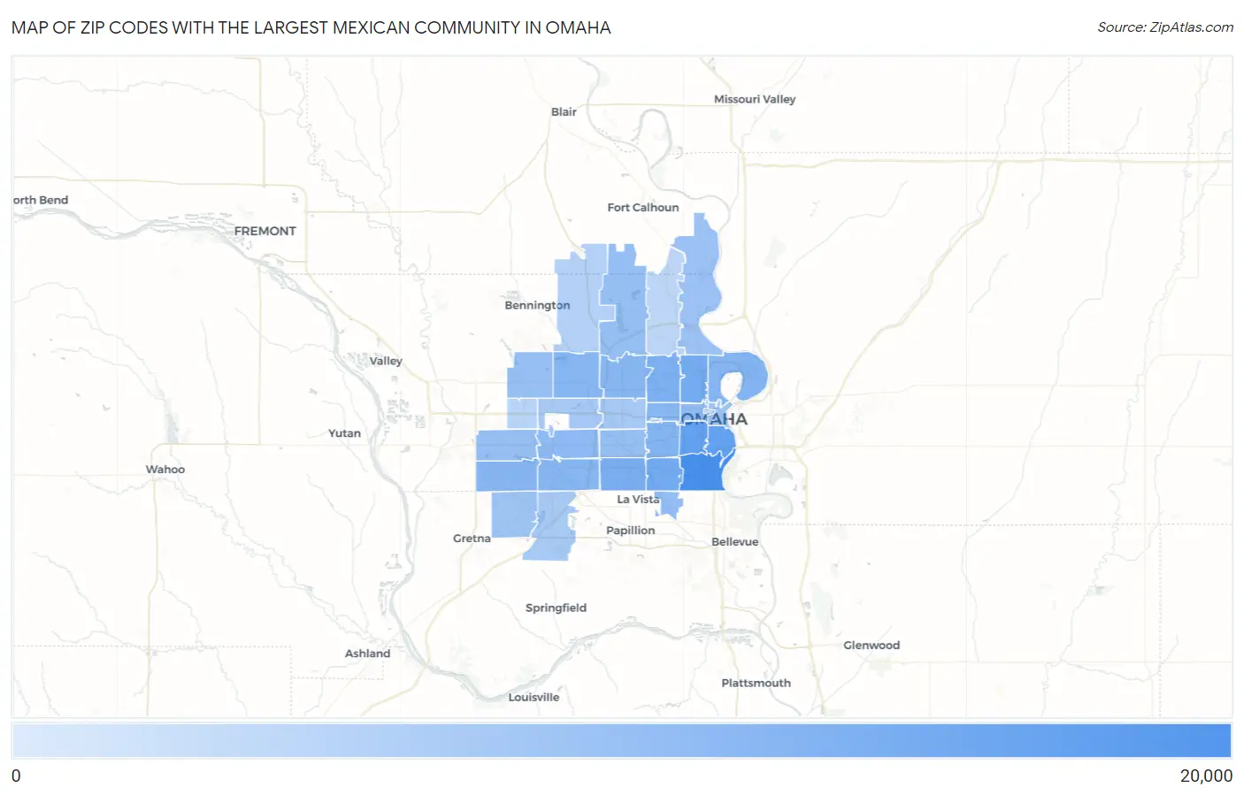Zip Codes with the Largest Mexican Community in Omaha Map