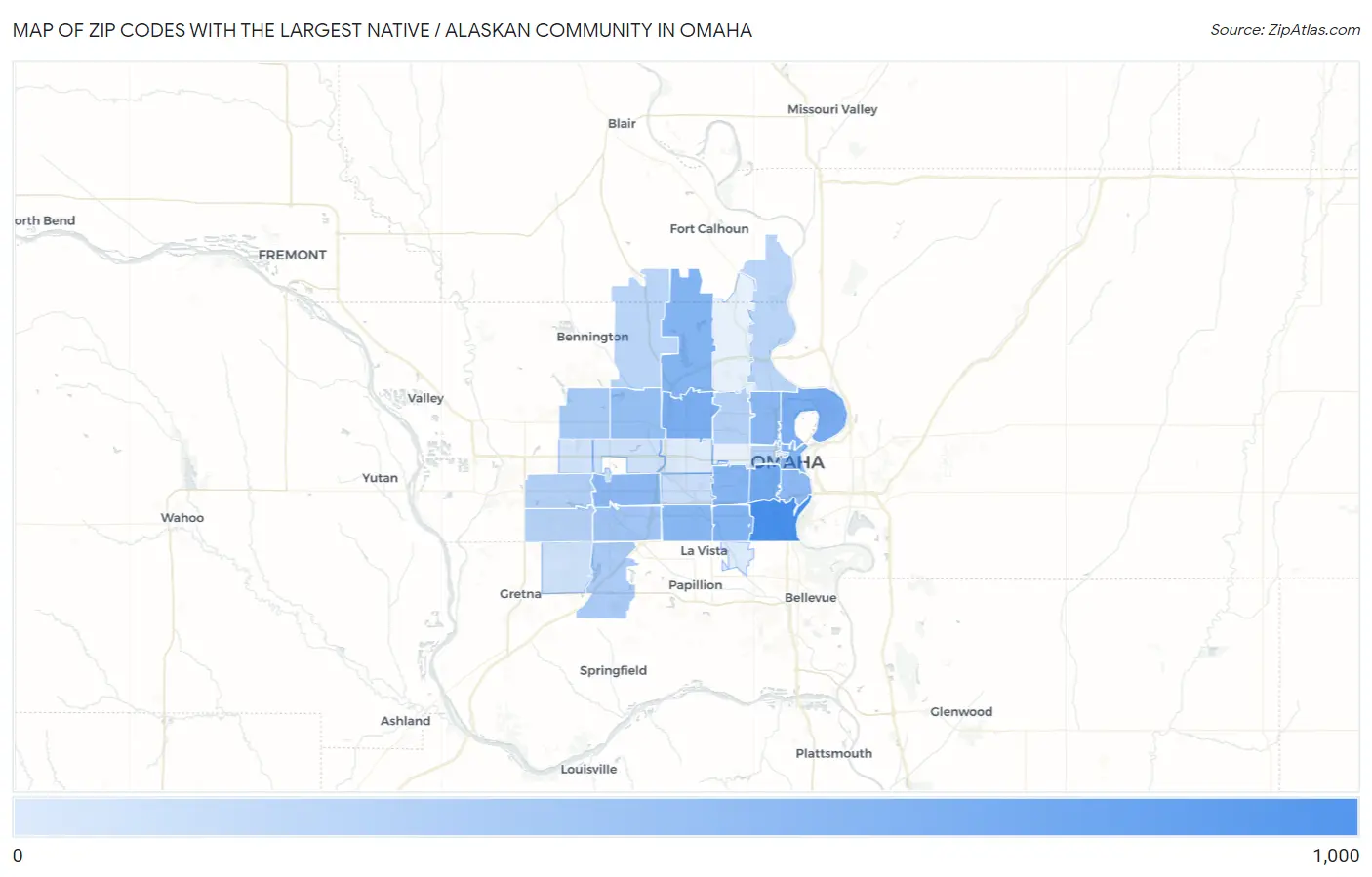 Zip Codes with the Largest Native / Alaskan Community in Omaha Map