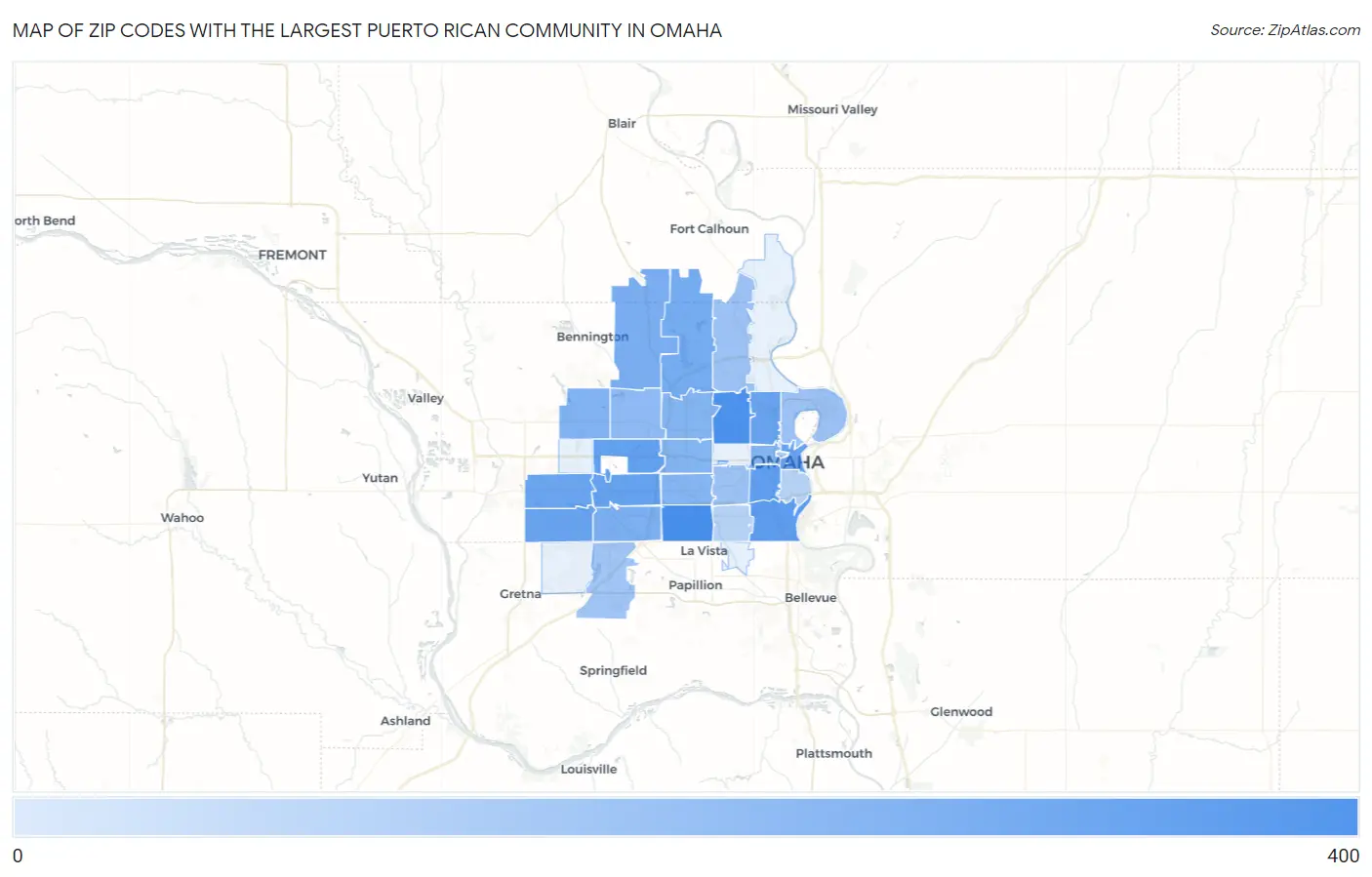 Zip Codes with the Largest Puerto Rican Community in Omaha Map