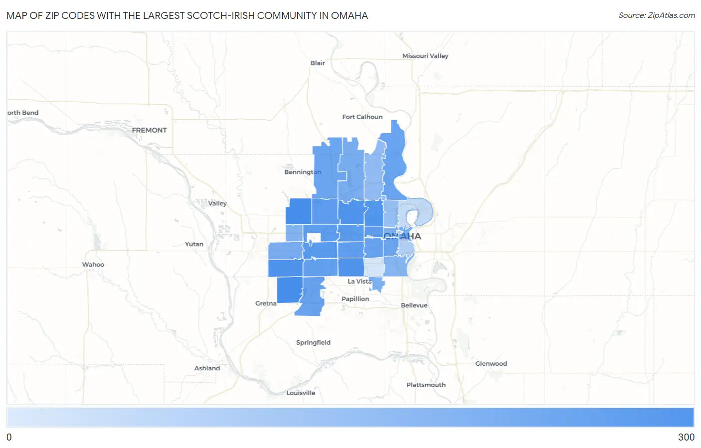 Zip Codes with the Largest Scotch-Irish Community in Omaha Map
