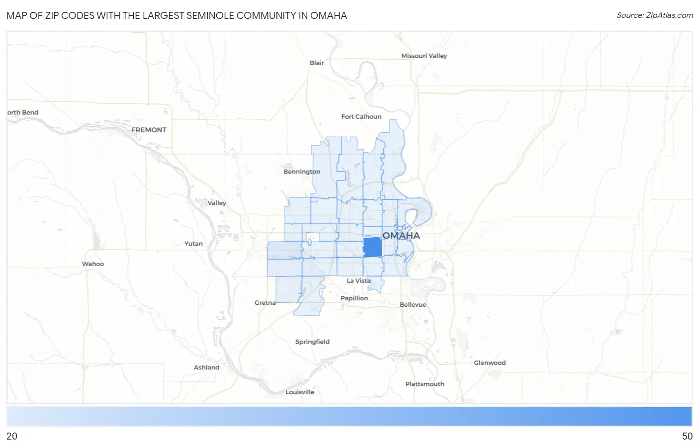 Zip Codes with the Largest Seminole Community in Omaha Map