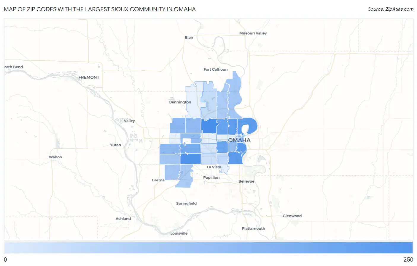 Zip Codes with the Largest Sioux Community in Omaha Map