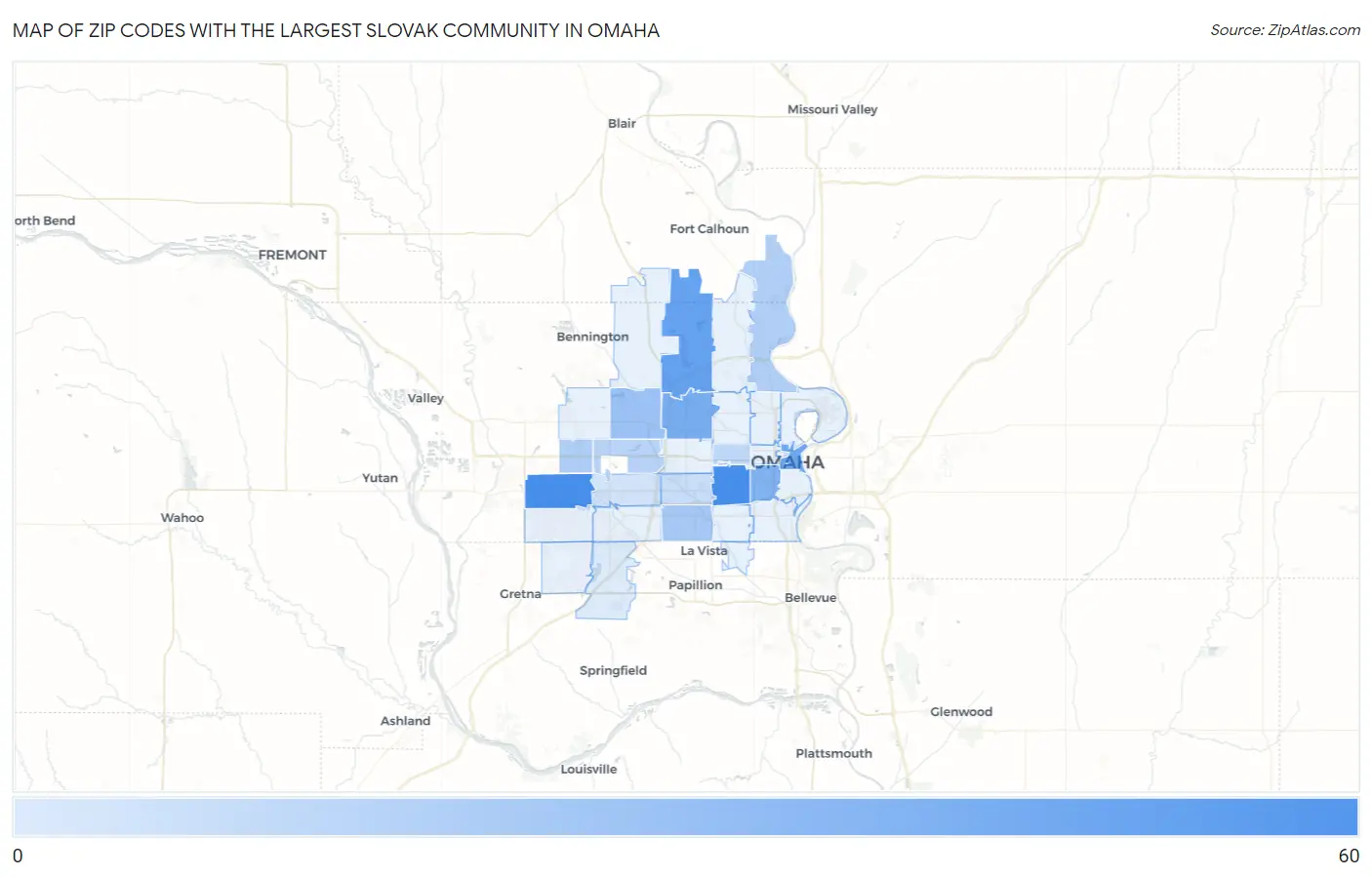 Zip Codes with the Largest Slovak Community in Omaha Map