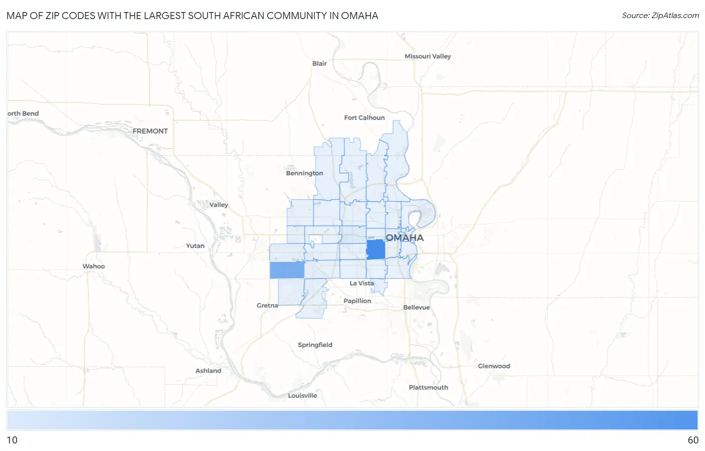Zip Codes with the Largest South African Community in Omaha Map