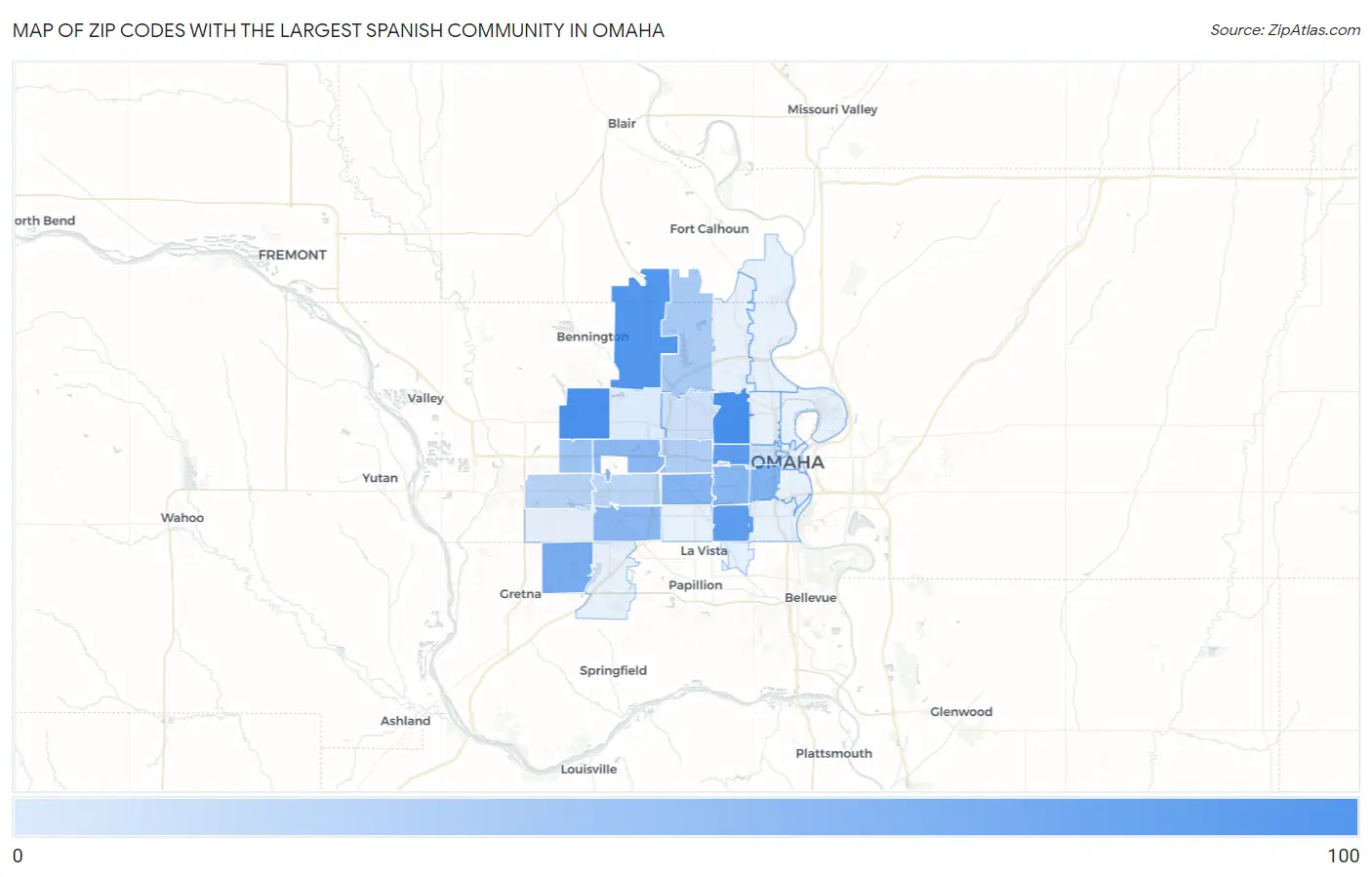 Zip Codes with the Largest Spanish Community in Omaha Map