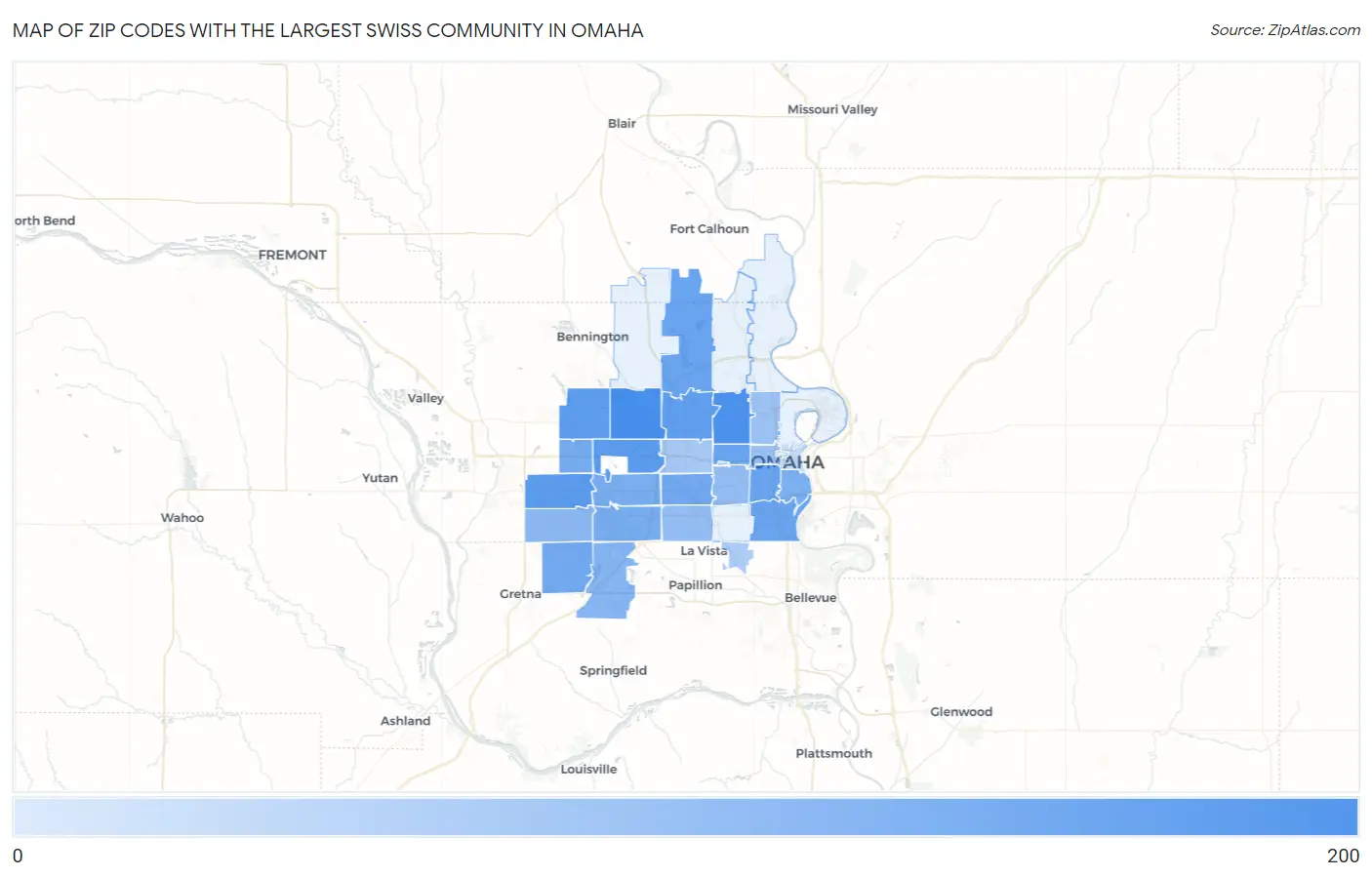 Zip Codes with the Largest Swiss Community in Omaha Map