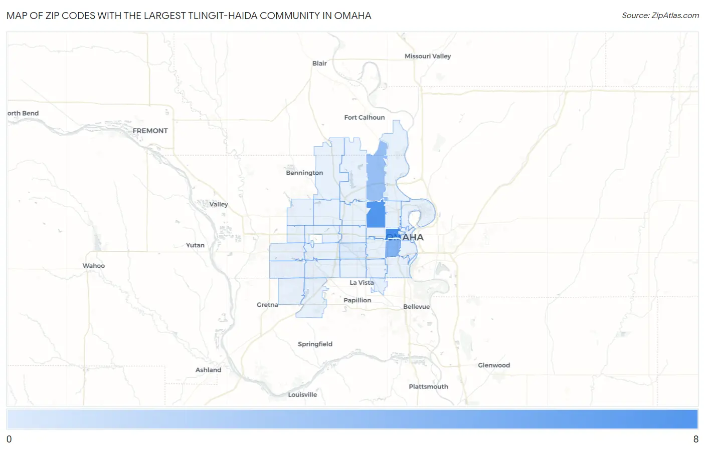 Zip Codes with the Largest Tlingit-Haida Community in Omaha Map