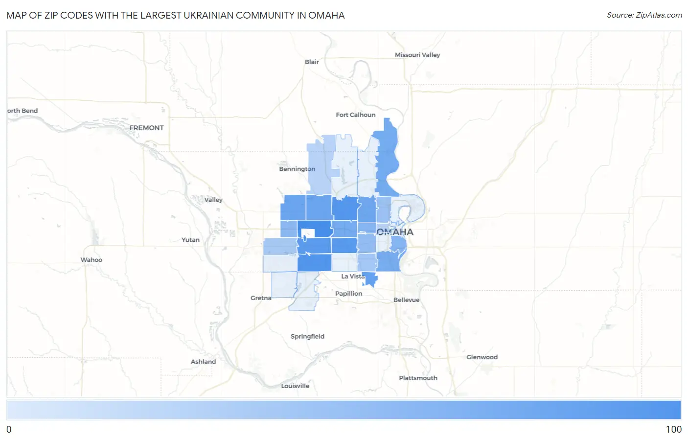 Zip Codes with the Largest Ukrainian Community in Omaha Map