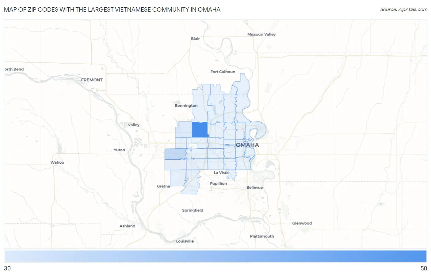 Zip Codes with the Largest Vietnamese Community in Omaha Map