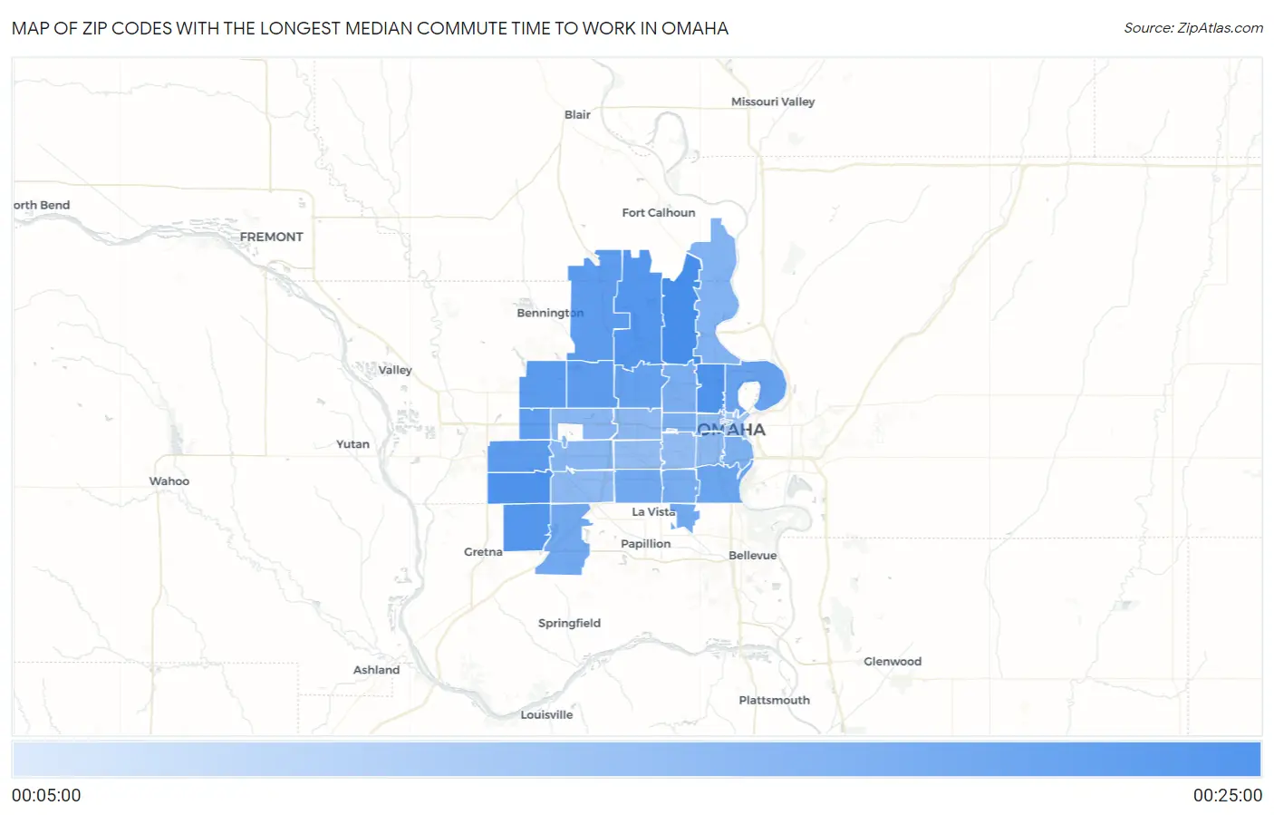 Zip Codes with the Longest Median Commute Time to Work in Omaha Map