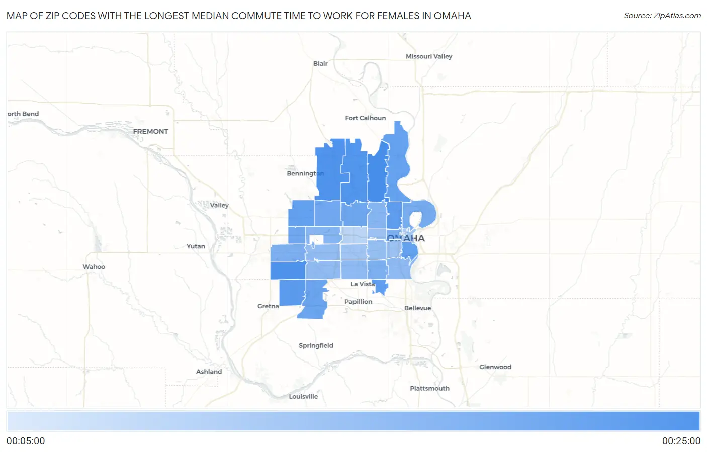 Zip Codes with the Longest Median Commute Time to Work for Females in Omaha Map
