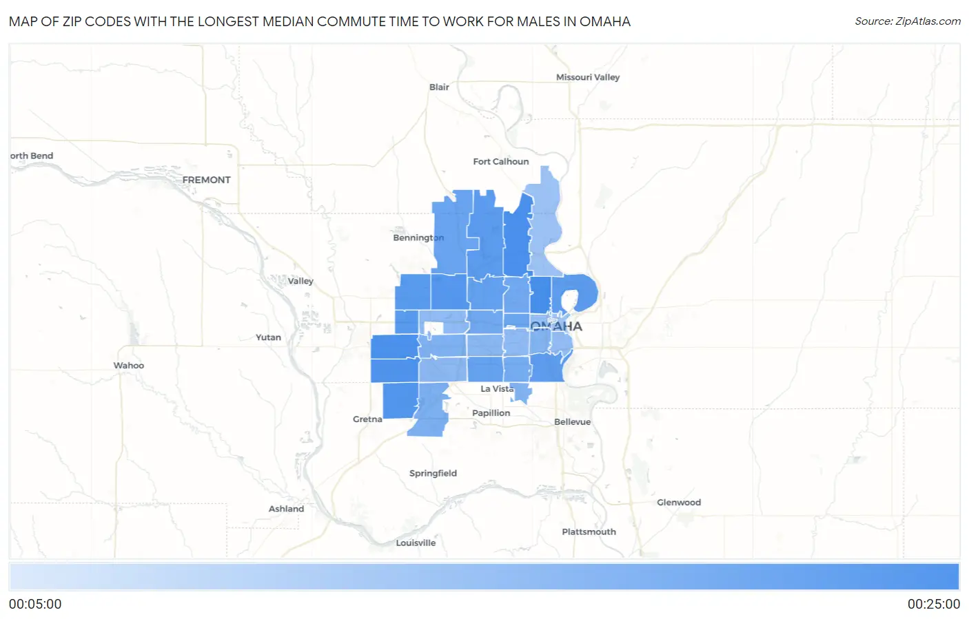 Zip Codes with the Longest Median Commute Time to Work for Males in Omaha Map