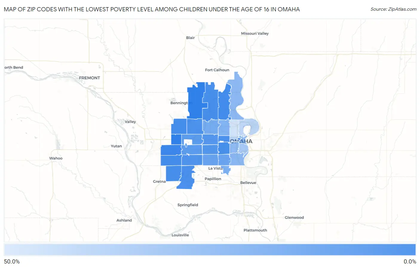 Zip Codes with the Lowest Poverty Level Among Children Under the Age of 16 in Omaha Map