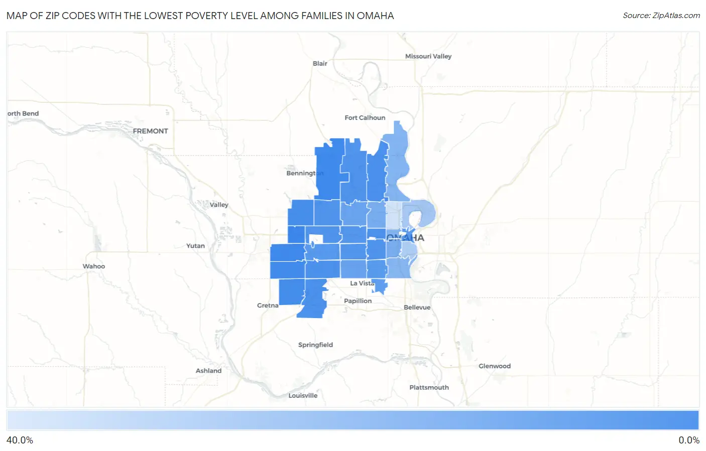 Zip Codes with the Lowest Poverty Level Among Families in Omaha Map