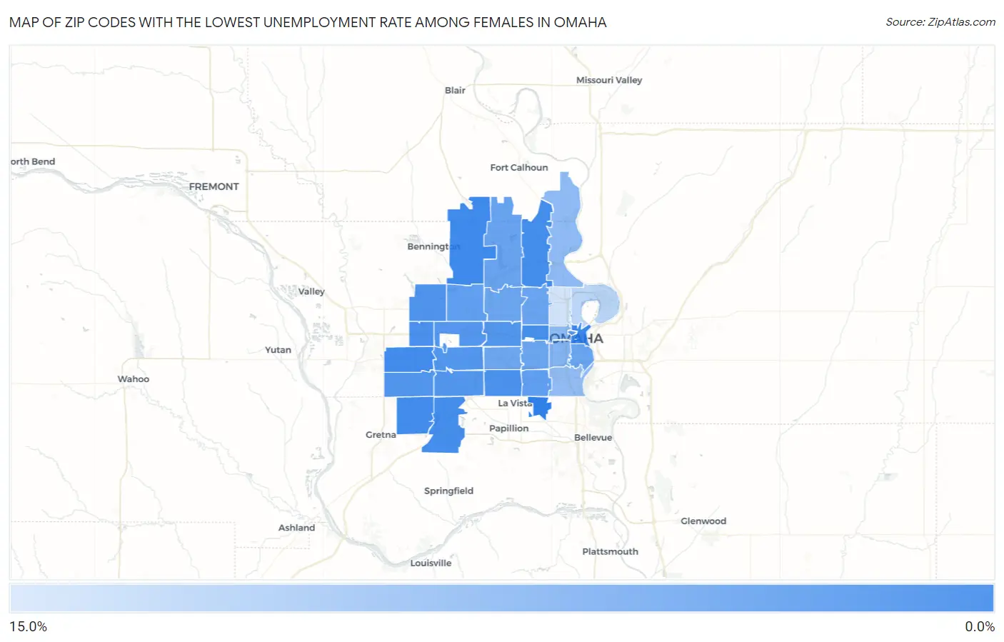 Zip Codes with the Lowest Unemployment Rate Among Females in Omaha Map