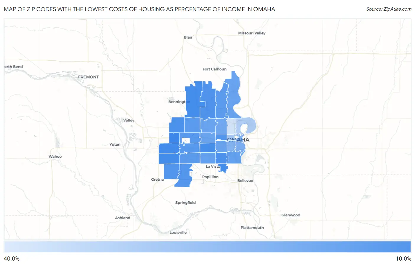 Zip Codes with the Lowest Costs of Housing as Percentage of Income in Omaha Map