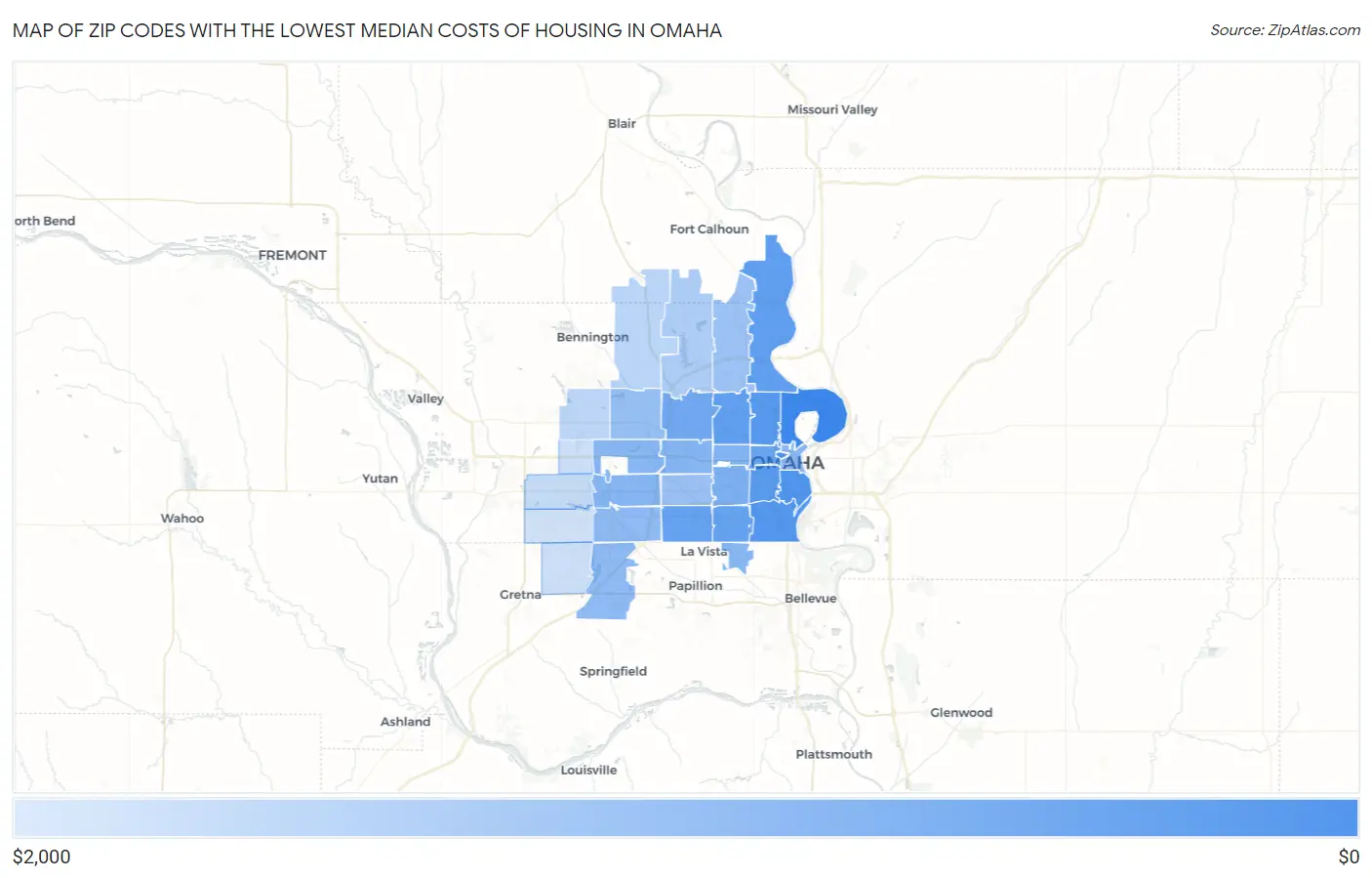 Zip Codes with the Lowest Median Costs of Housing in Omaha Map