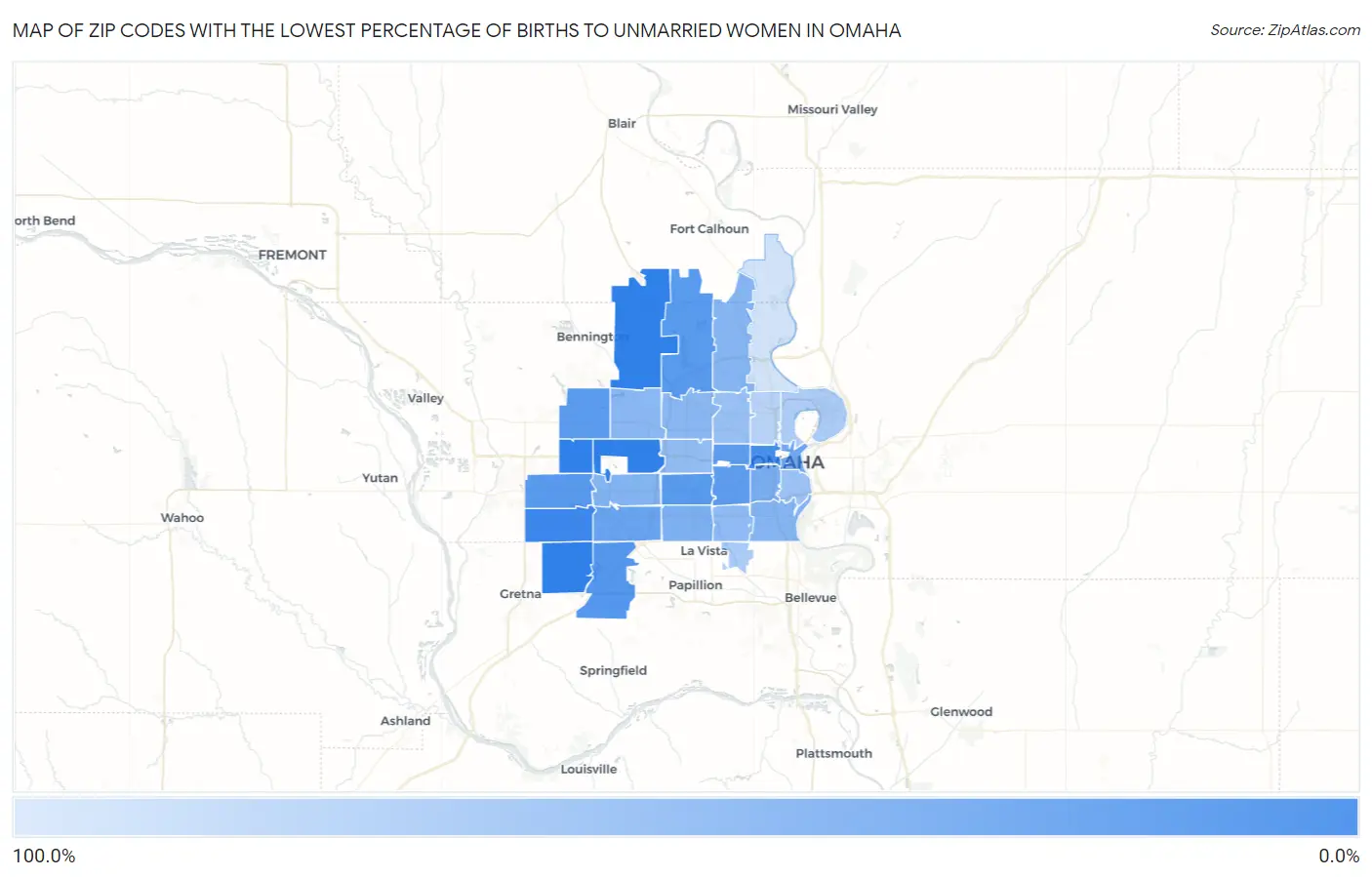 Zip Codes with the Lowest Percentage of Births to Unmarried Women in Omaha Map