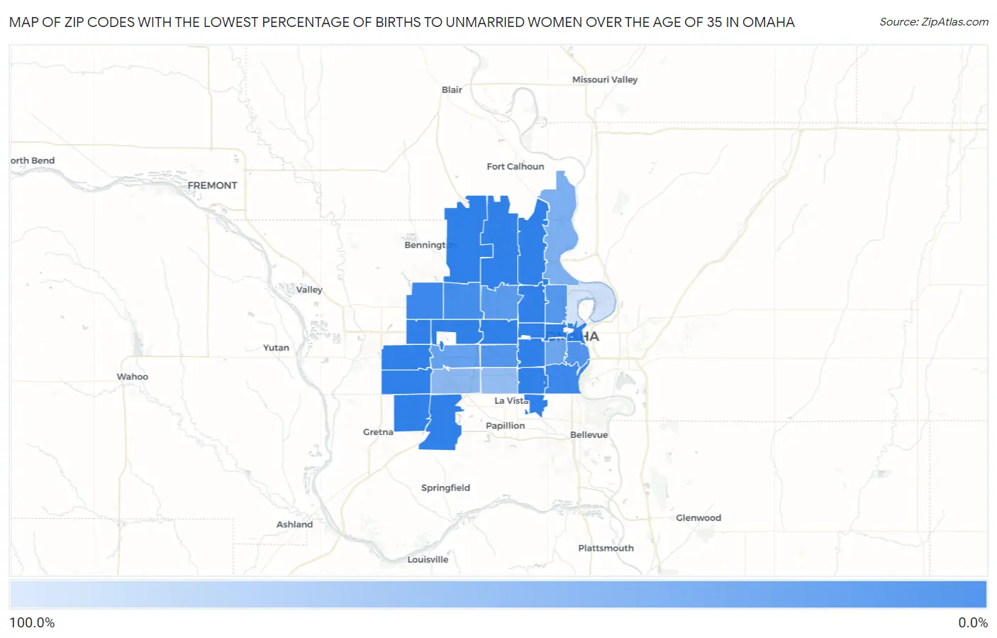 Zip Codes with the Lowest Percentage of Births to Unmarried Women over the Age of 35 in Omaha Map