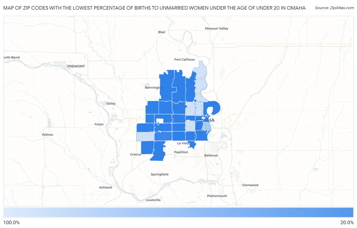 Zip Codes with the Lowest Percentage of Births to Unmarried Women under the Age of under 20 in Omaha Map