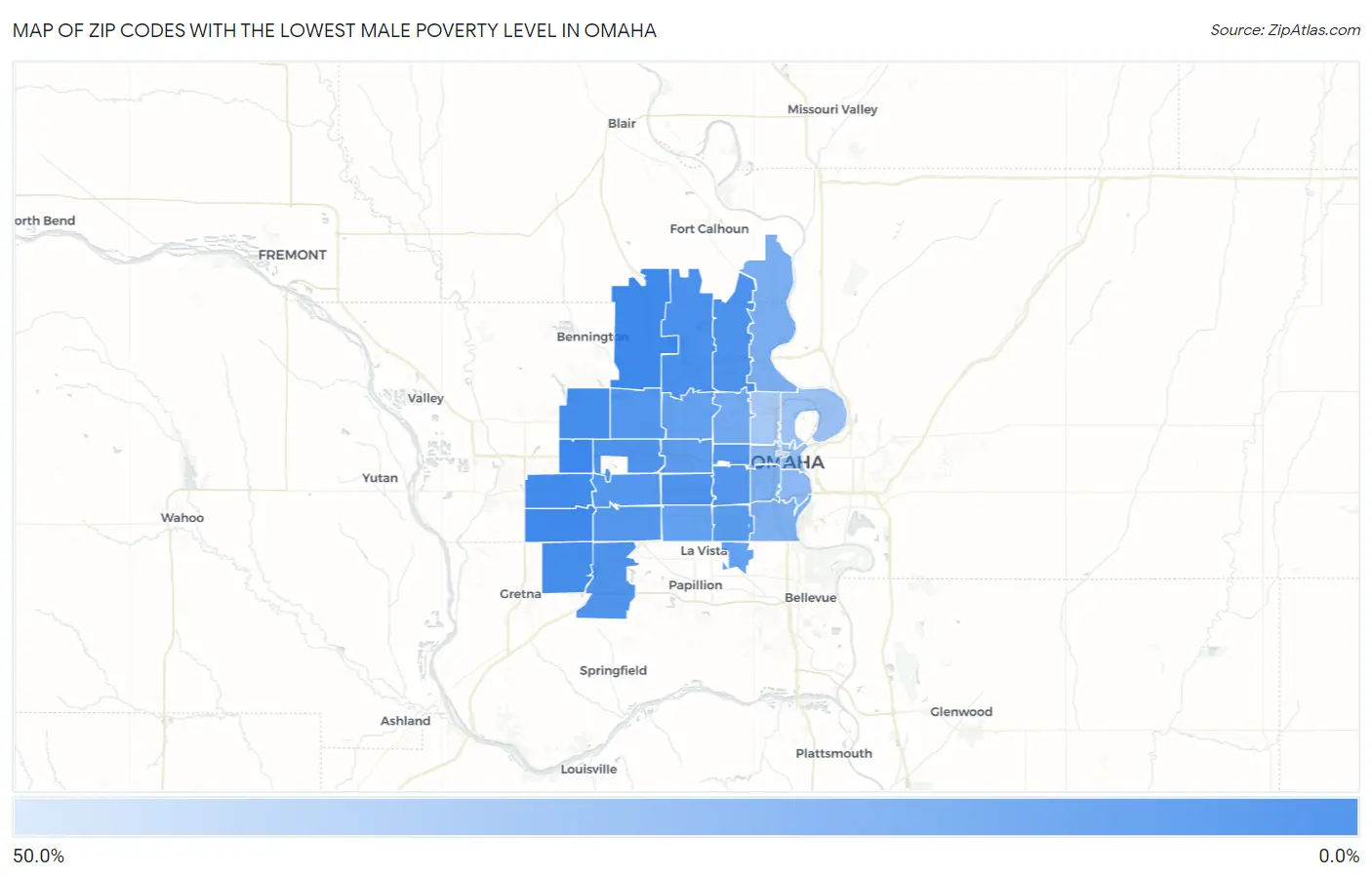 Zip Codes with the Lowest Male Poverty Level in Omaha Map
