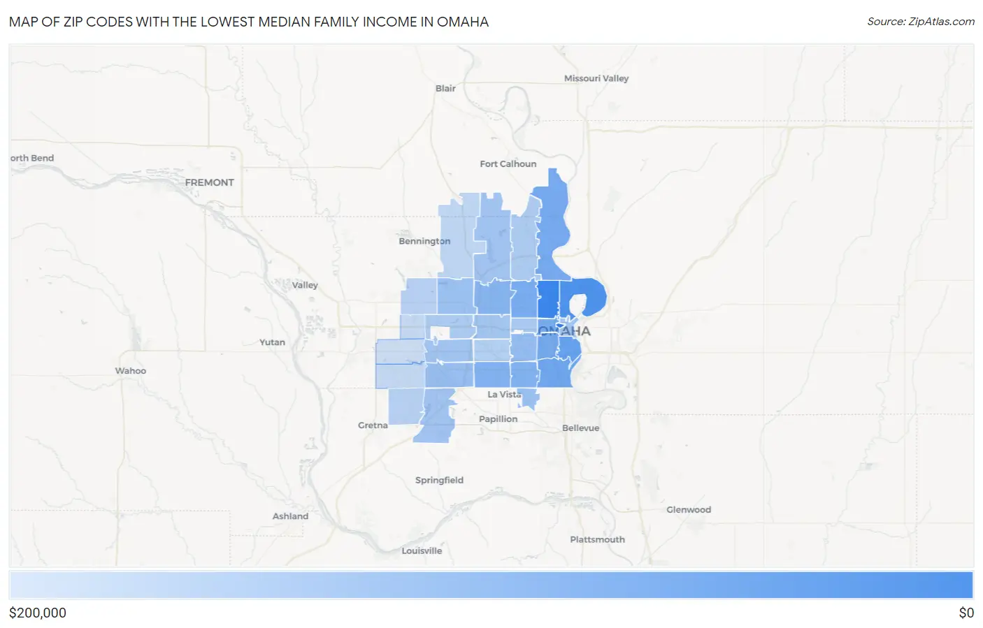 Zip Codes with the Lowest Median Family Income in Omaha Map