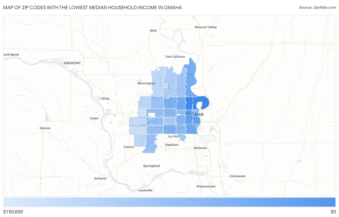 Zip Codes with the Lowest Median Household Income in Omaha Map