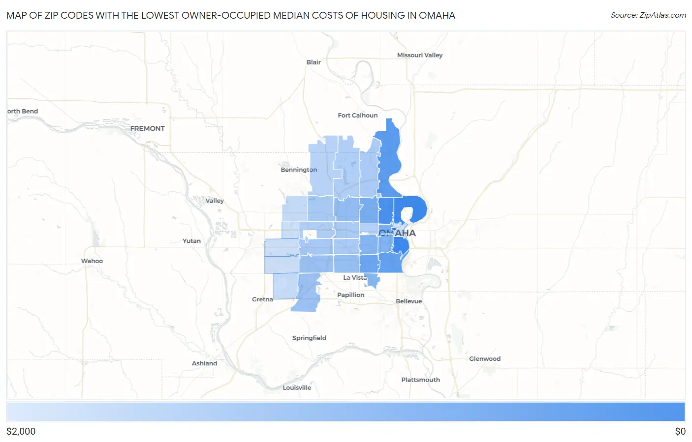Zip Codes with the Lowest Owner-Occupied Median Costs of Housing in Omaha Map