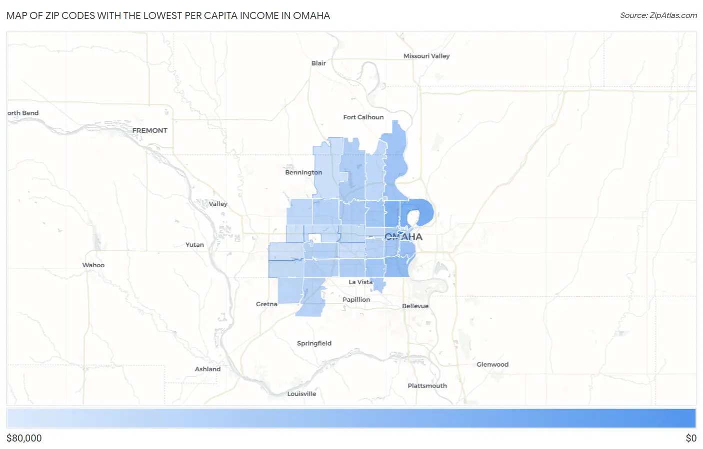 Zip Codes with the Lowest Per Capita Income in Omaha Map