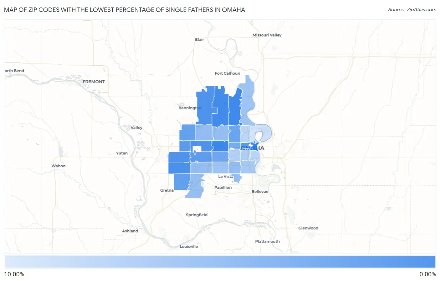 Zip Codes with the Lowest Percentage of Single Fathers in Omaha Map
