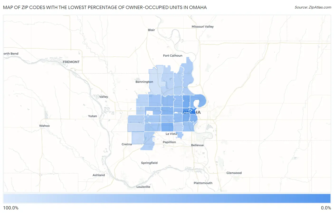 Zip Codes with the Lowest Percentage of Owner-Occupied Units in Omaha Map