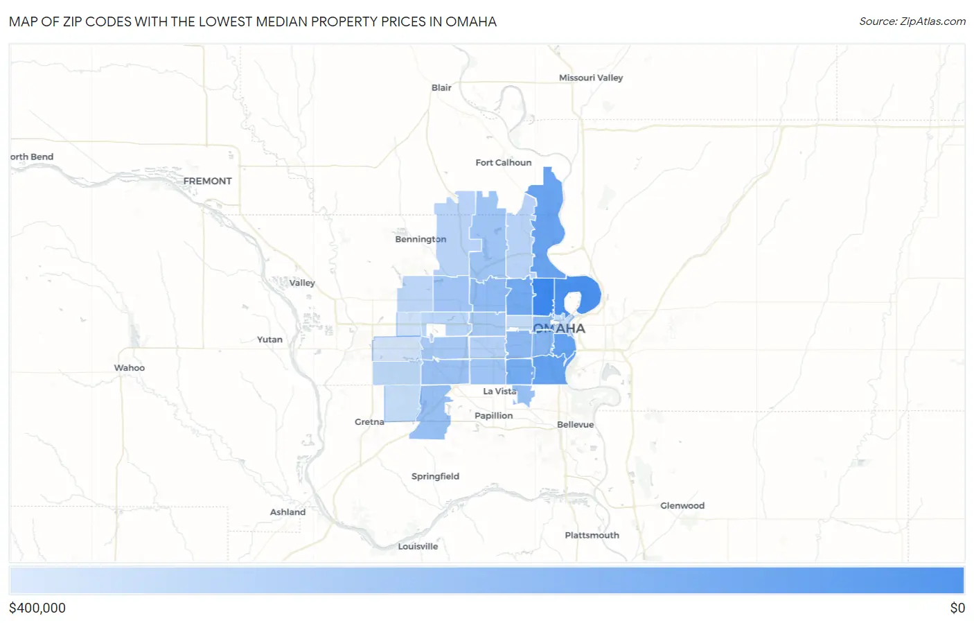 Zip Codes with the Lowest Median Property Prices in Omaha Map