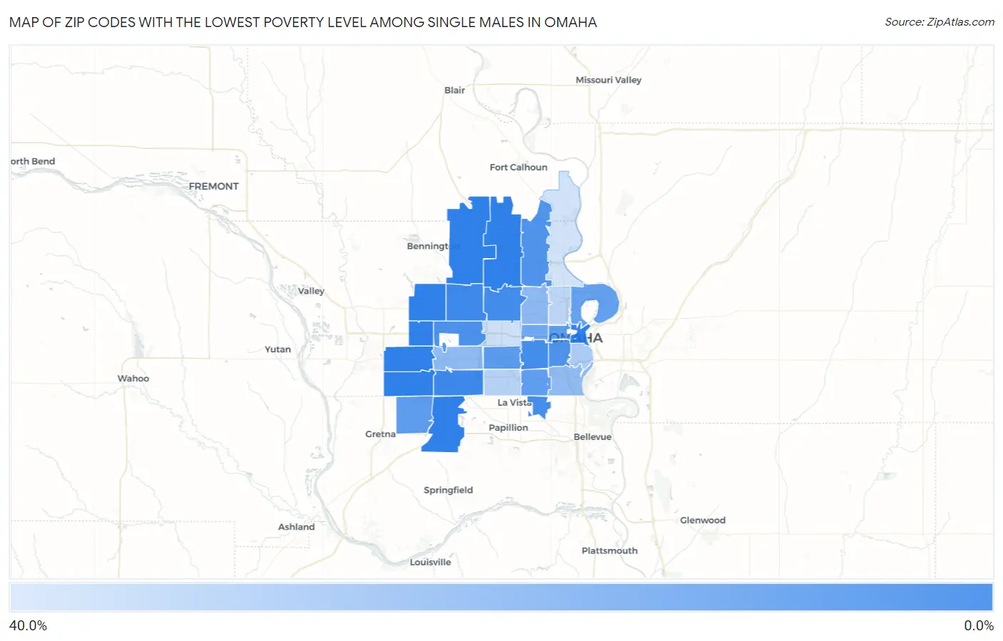 Zip Codes with the Lowest Poverty Level Among Single Males in Omaha Map