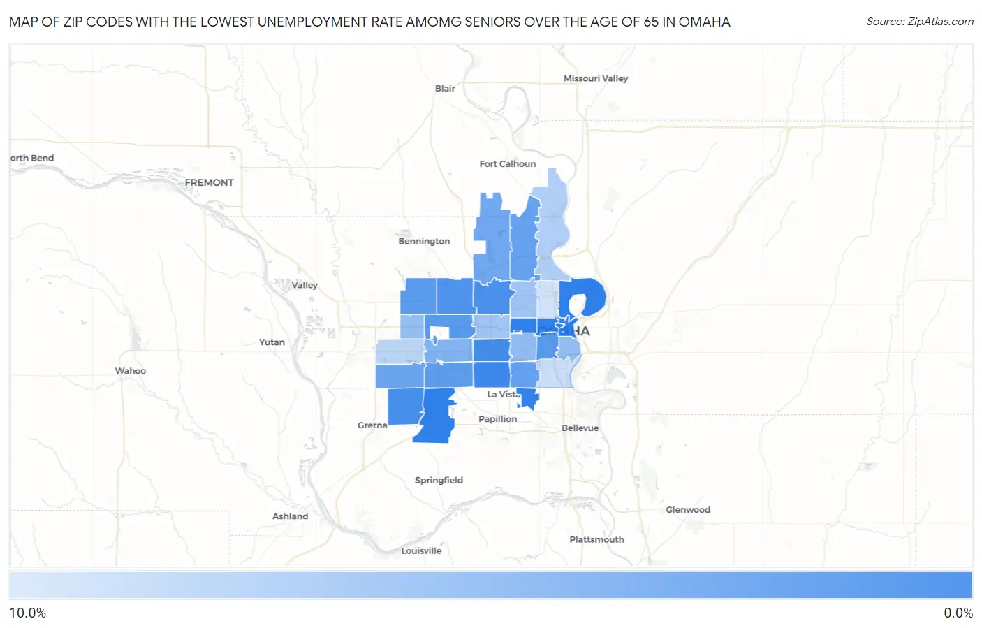 Zip Codes with the Lowest Unemployment Rate Amomg Seniors Over the Age of 65 in Omaha Map
