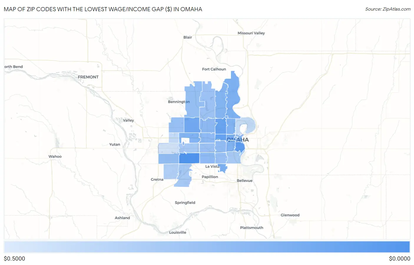 Zip Codes with the Lowest Wage/Income Gap ($) in Omaha Map