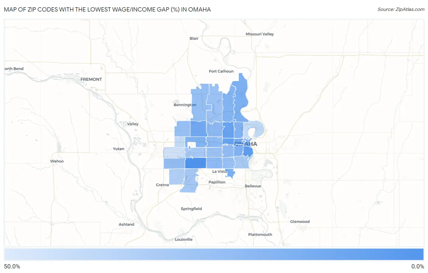 Zip Codes with the Lowest Wage/Income Gap (%) in Omaha Map